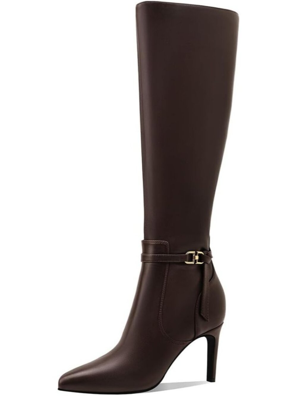 Women's Brown Faux Leather High Heel Side Zipper with Buckle Bow Knot Boots